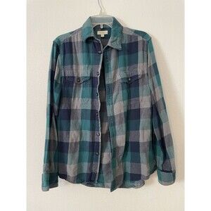 Sonoma Goods For Life Mens Blue GreenPlaid Flannel Button Down Shirt Size Medium